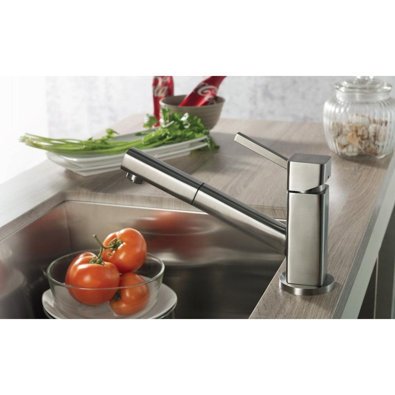 Flusso Faucets Klassiker Smallie 7" Single Hole Stainless Steel Kitchen Faucet With Pull-Out Sprayer