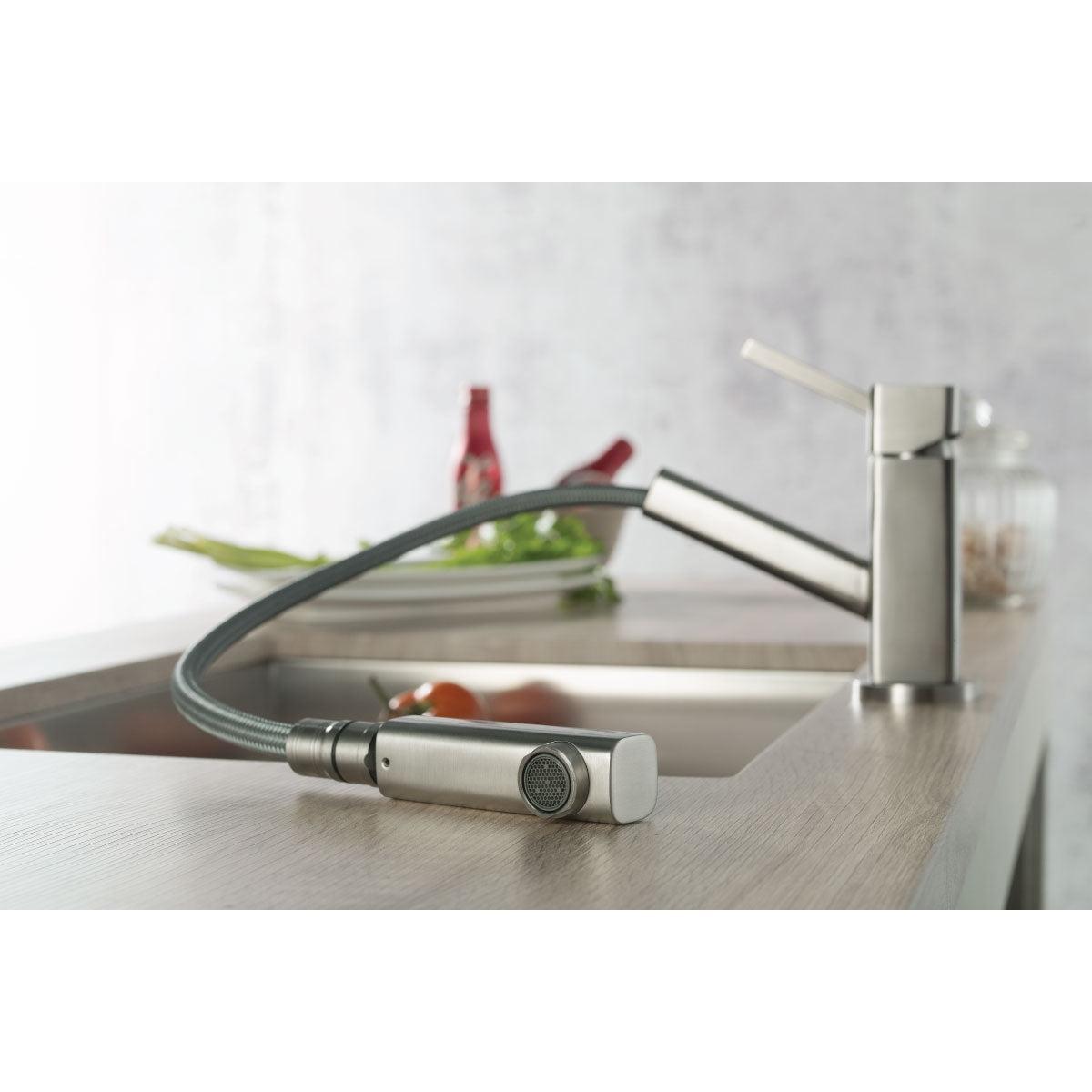 Flusso Faucets Klassiker Smallie 7" Single Hole Stainless Steel Kitchen Faucet With Pull-Out Sprayer