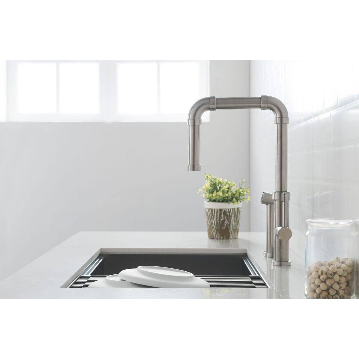 Flusso Faucets Klassiker Tanz 16" Single Hole Matte Black Stainless Steel Kitchen Faucet With Side Sprayer