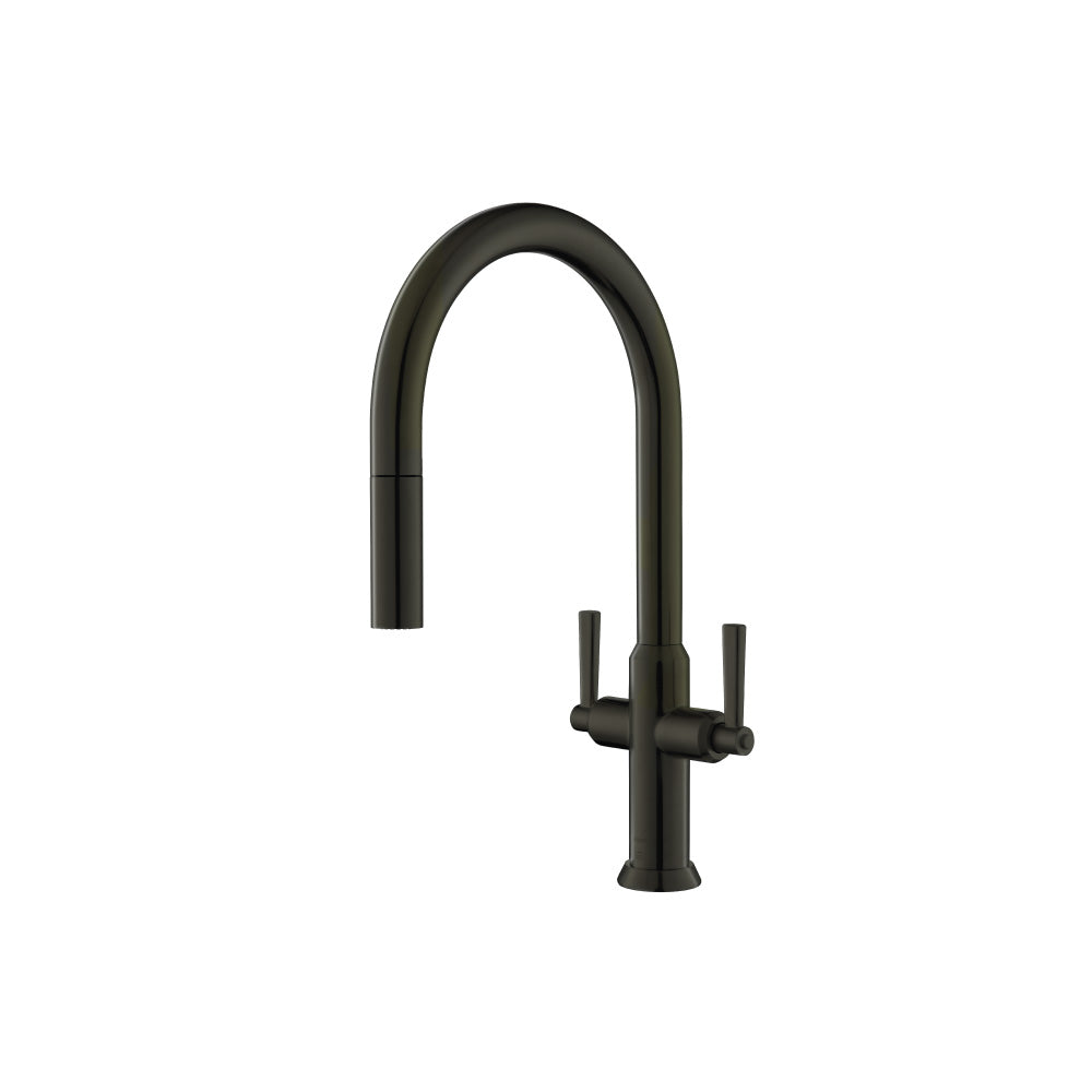 Flusso Faucets Klassiker Velox 17" Single Hole Dark Green Pull-Down Kitchen Faucet With Two Handle and Dual Function Sprayer