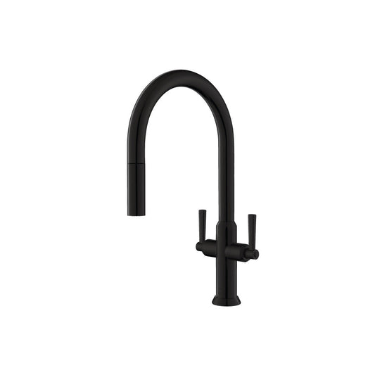 Flusso Faucets Klassiker Velox 17" Single Hole Gloss Black Pull-Down Kitchen Faucet With Two Handle and Dual Function Sprayer