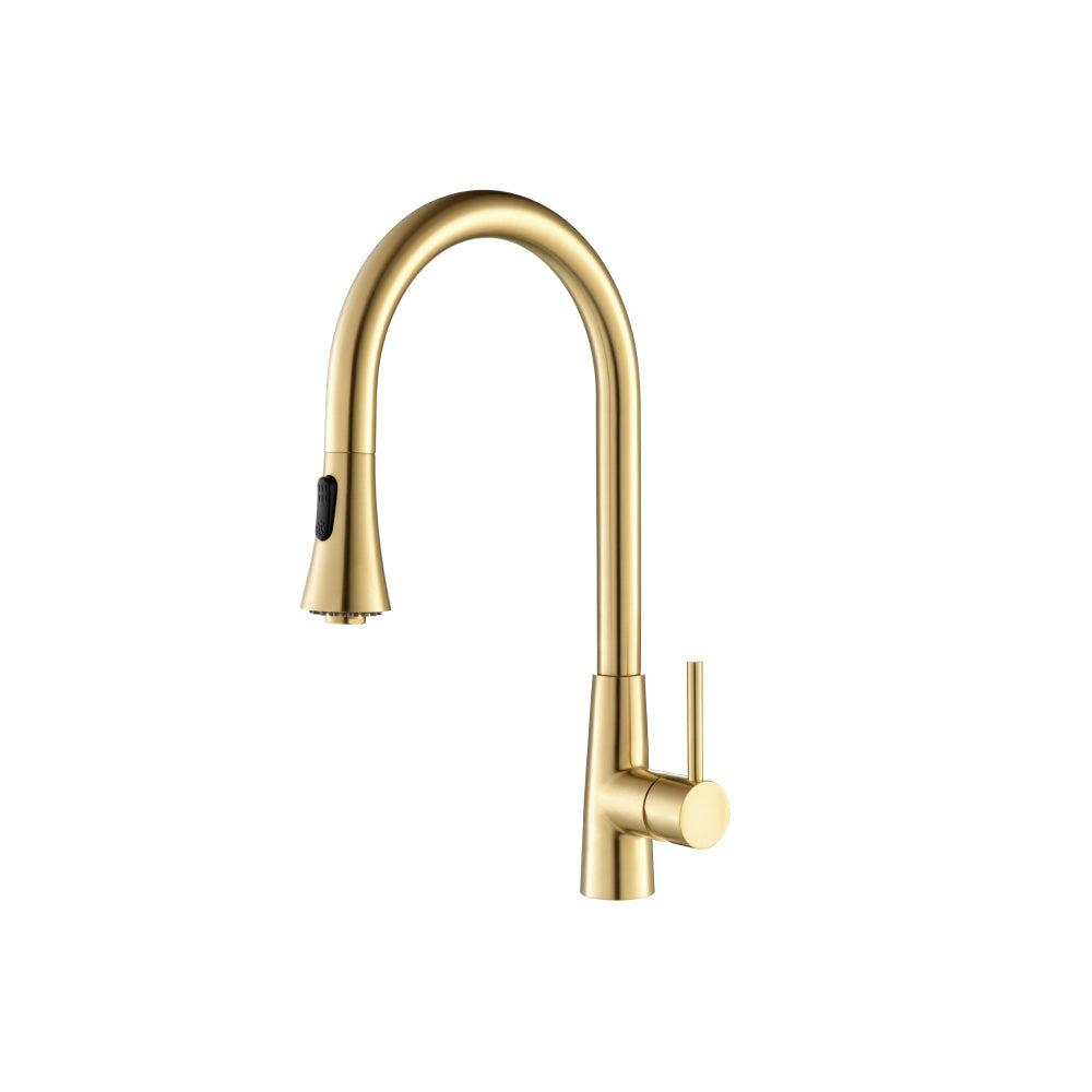Flusso Faucets Klassiker Zest 18" Single Hole Brushed Gold PVD Stainless Steel Pull-Down Kitchen Faucet With Dual Function Sprayer