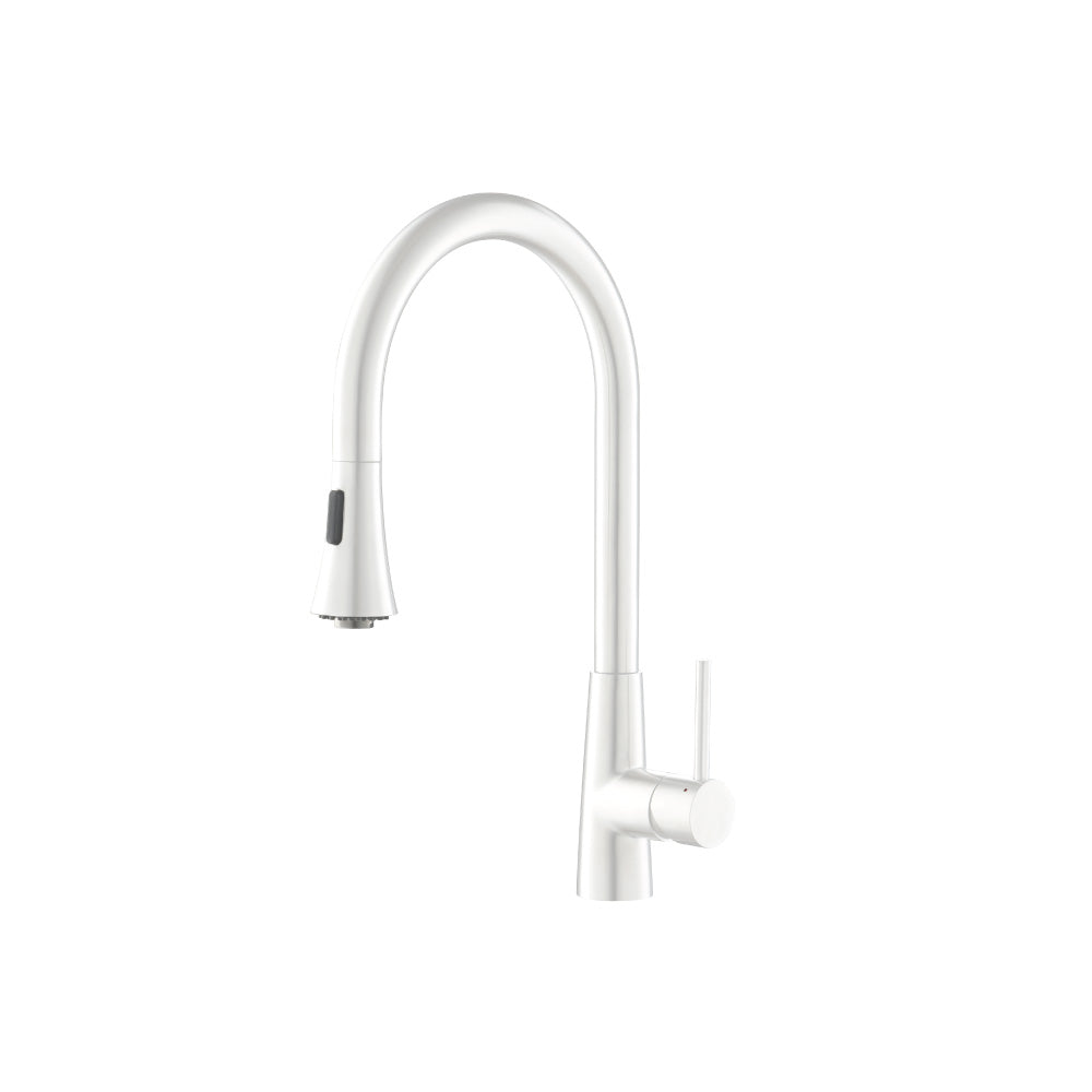 Flusso Faucets Klassiker Zest 18" Single Hole Gloss White Stainless Steel Pull-Down Kitchen Faucet With Dual Function Sprayer