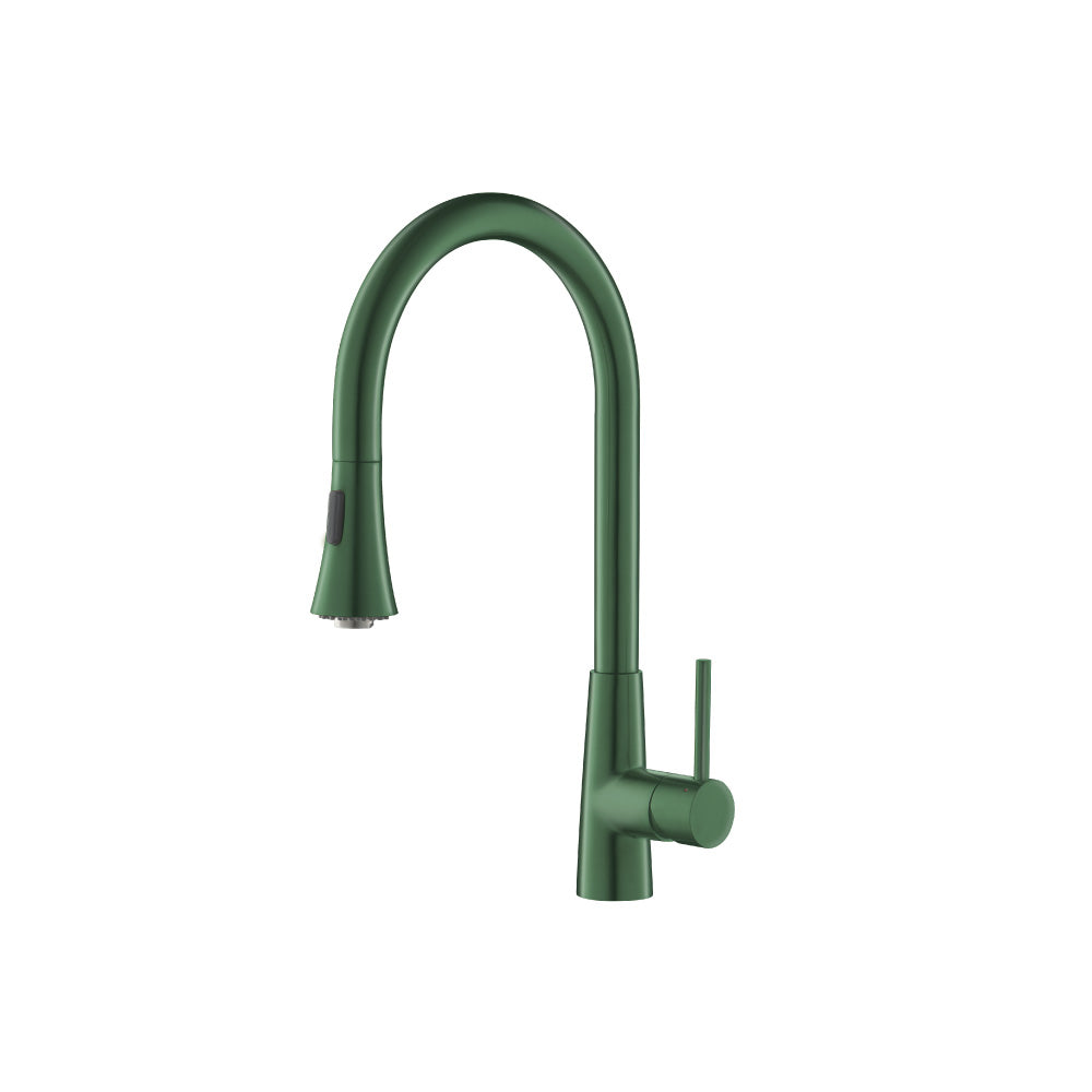 Flusso Faucets Klassiker Zest 18" Single Hole Leaf Green Stainless Steel Pull-Down Kitchen Faucet With Dual Function Sprayer