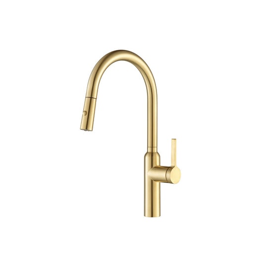 Flusso Faucets Klassiker Ziel 17" Single Hole Brushed Gold Stainless Steel Pull-Down Kitchen Faucet With Dual Function Sprayer