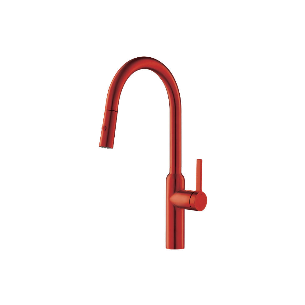 Flusso Faucets Klassiker Ziel 17" Single Hole Deep Red Stainless Steel Pull-Down Kitchen Faucet With Dual Function Sprayer