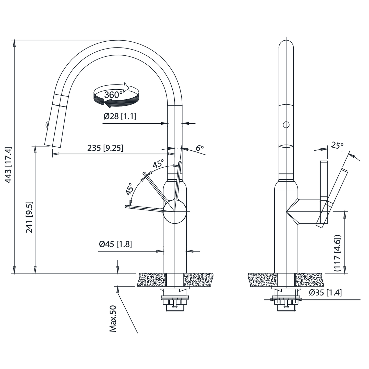 Flusso Faucets Klassiker Ziel 17" Single Hole Gunmetal Gray Stainless Steel Pull-Down Kitchen Faucet With Dual Function Sprayer