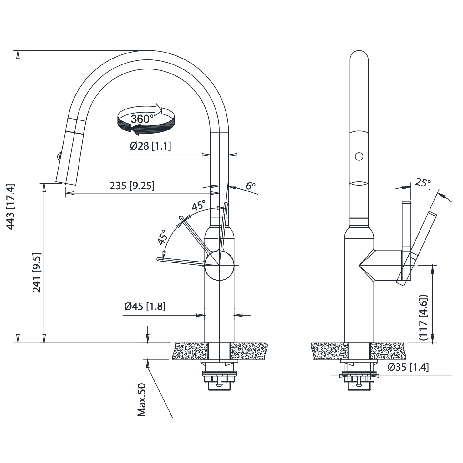 Flusso Faucets Klassiker Ziel 17" Single Hole Gunmetal Gray Stainless Steel Pull-Down Kitchen Faucet With Dual Function Sprayer