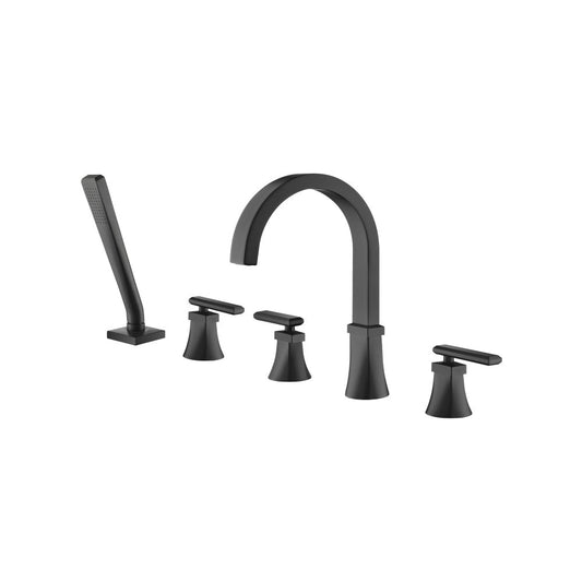 Flusso Faucets Matte Black Five Hole Deck Mounted Roman Tub Faucet With Hand Shower