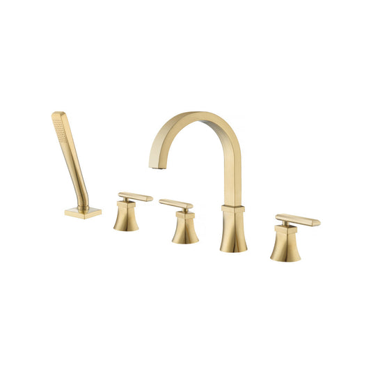 Flusso Faucets Satin Brass PVD Five Hole Deck Mounted Roman Tub Faucet With Hand Shower