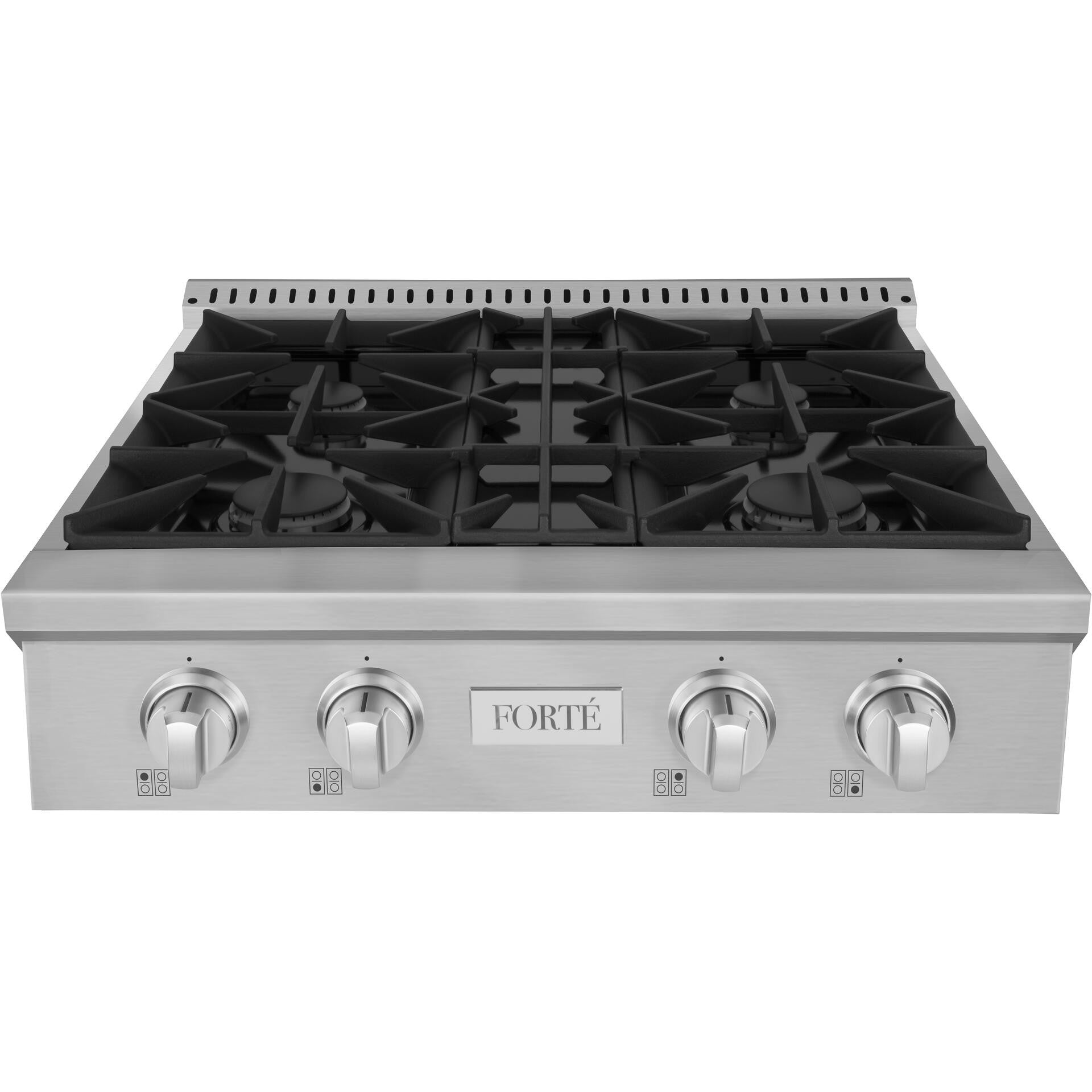 Forte 30" Stainless Steel LP Convertible Residential Natural Gas Rangetop Cooktop With 4 Sealed Italian Burners, Power Cord, Grate, Backsplash, and Conversion Kit