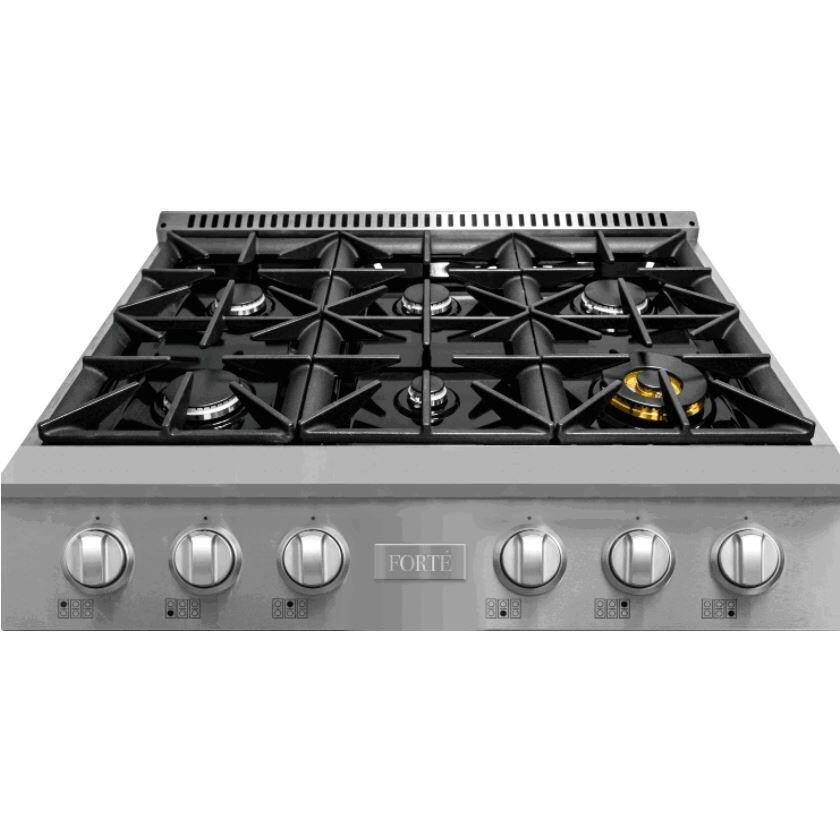 Forte 36" Stainless Steel LP Convertible Residential Natural Gas Rangetop Cooktop With 6 Sealed Italian Burners, Power Cord, Grate, Backsplash, and Conversion Kit