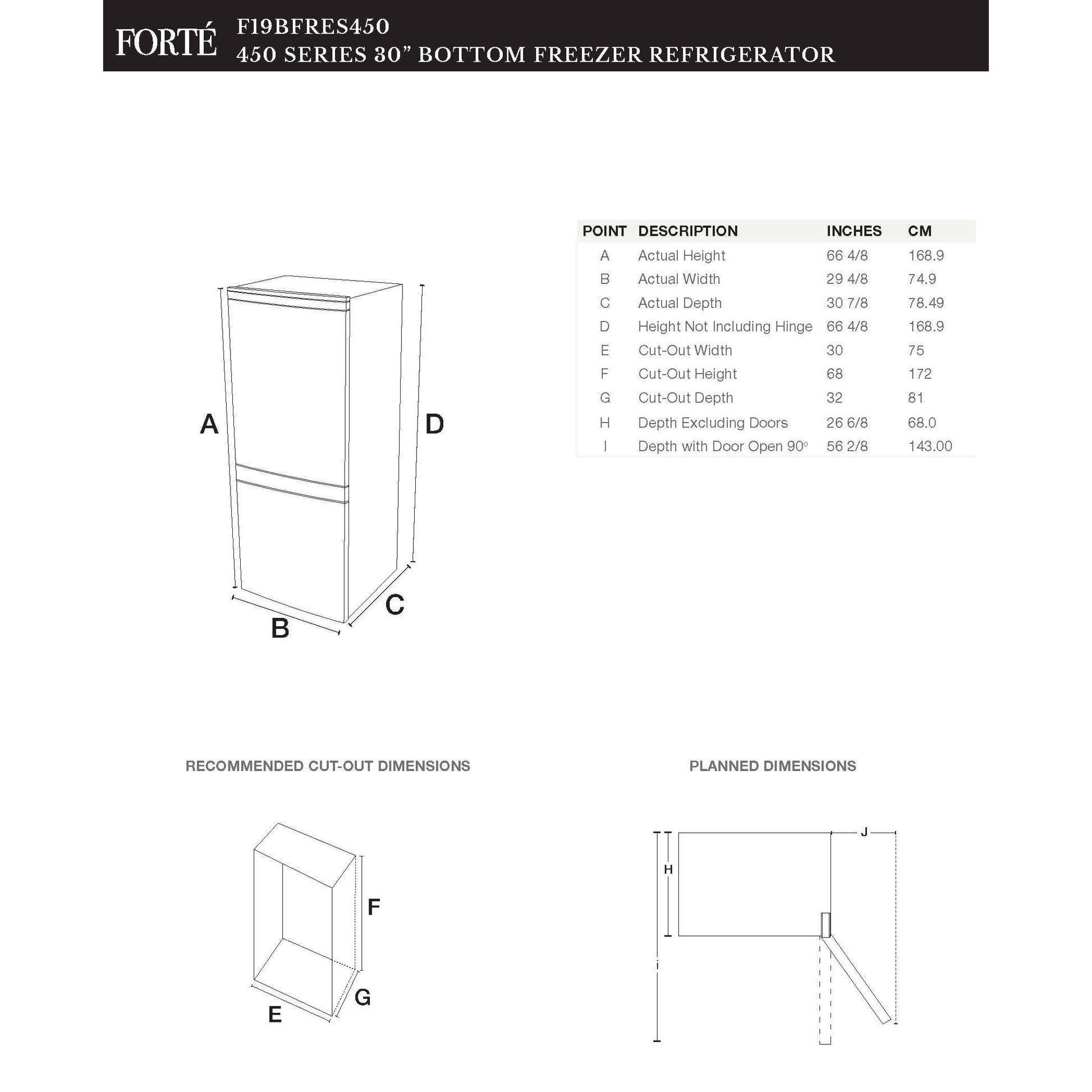 Forte 450 Series 30" 18.6 Cu. Ft. Stainless Steel Freestanding Bottom Freezer Refrigerator