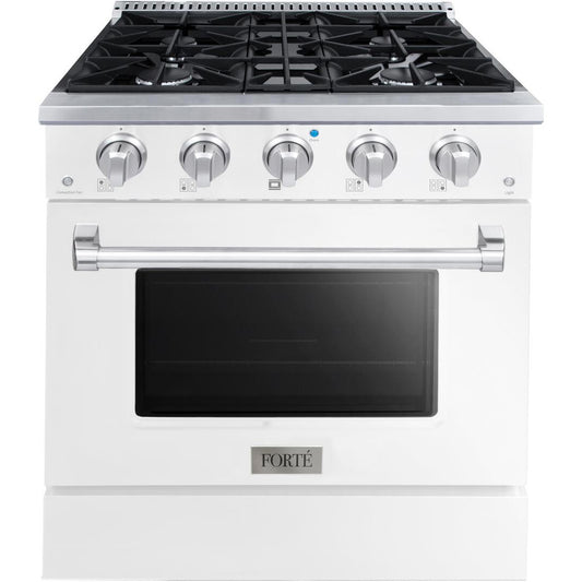 Forte FGR304BWW 30" 3.53 Cu. Ft. Single Oven White Freestanding Natural Gas LP Convertible Residential Gas Range With Convertion Kit, Grate, Racks, Trays, and Back Splash