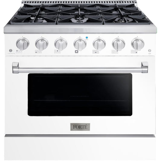 Forte FGR366BWW 36" 4.5 Cu. Ft. Single Oven White Freestanding Natural Gas LP Convertible Residential Gas Range With Convertion Kit, Grate, Racks, Trays, and Back Splash