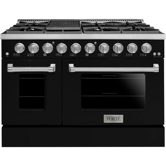 Forte FGR488BBB 48" 5.53 Cu. Ft. Double Oven Black Freestanding Natural Gas LP Convertible Residential Gas Range With Griddle, Convertion Kit, Grate, Racks, Trays, and Back Splash