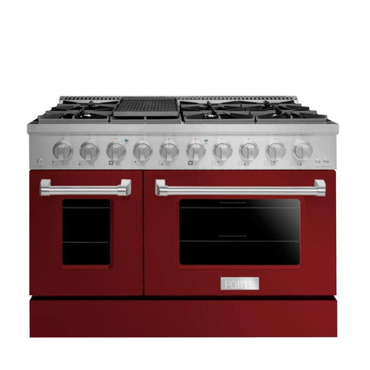 Forte FGR488BBG 48" 5.53 Cu. Ft. Double Oven Burgundy Freestanding Natural Gas LP Convertible Residential Gas Range With Griddle, Convertion Kit, Grate, Racks, Trays, and Back Splash