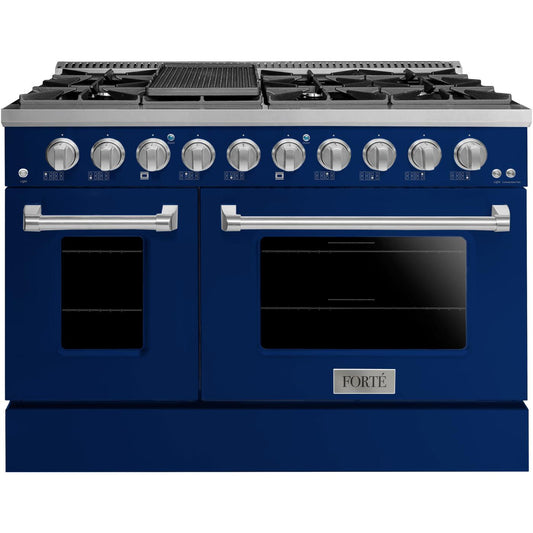Forte FGR488BBL 48" 5.53 Cu. Ft. Double Oven Midnight Blue Freestanding Natural Gas LP Convertible Residential Gas Range With Griddle, Convertion Kit, Grate, Racks, Trays, and Back Splash