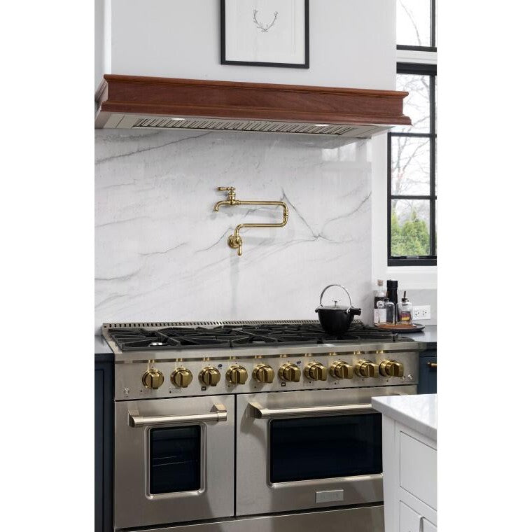 Forte FGR488BSS 48" 5.53 Cu. Ft. Double Oven Stainless Steel Freestanding Natural Gas LP Convertible Residential Gas Range With Griddle, Convertion Kit, Grate, Racks, Trays, and Back Splash