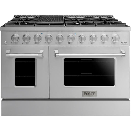 Forte FGR488BSS 48" 5.53 Cu. Ft. Double Oven Stainless Steel Freestanding Natural Gas LP Convertible Residential Gas Range With Griddle, Convertion Kit, Grate, Racks, Trays, and Back Splash