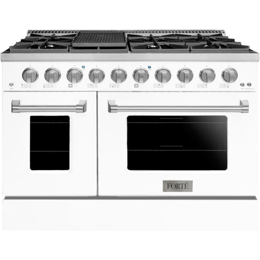 Forte FGR488BWW 48" 5.53 Cu. Ft. Double Oven White Freestanding Natural Gas LP Convertible Residential Gas Range With Griddle, Convertion Kit, Grate, Racks, Trays, and Back Splash