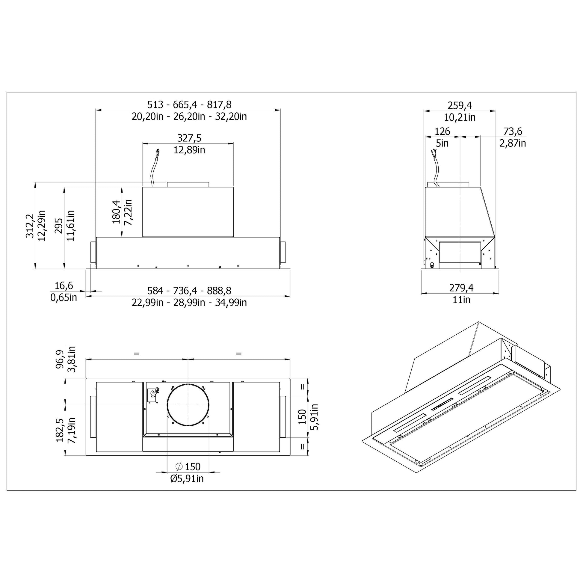 Forte Maya 30" 600 CFM Convertible Residential Round Duct Stainless Steel Cabinet Insert Range Hood With LED Bar Lighting