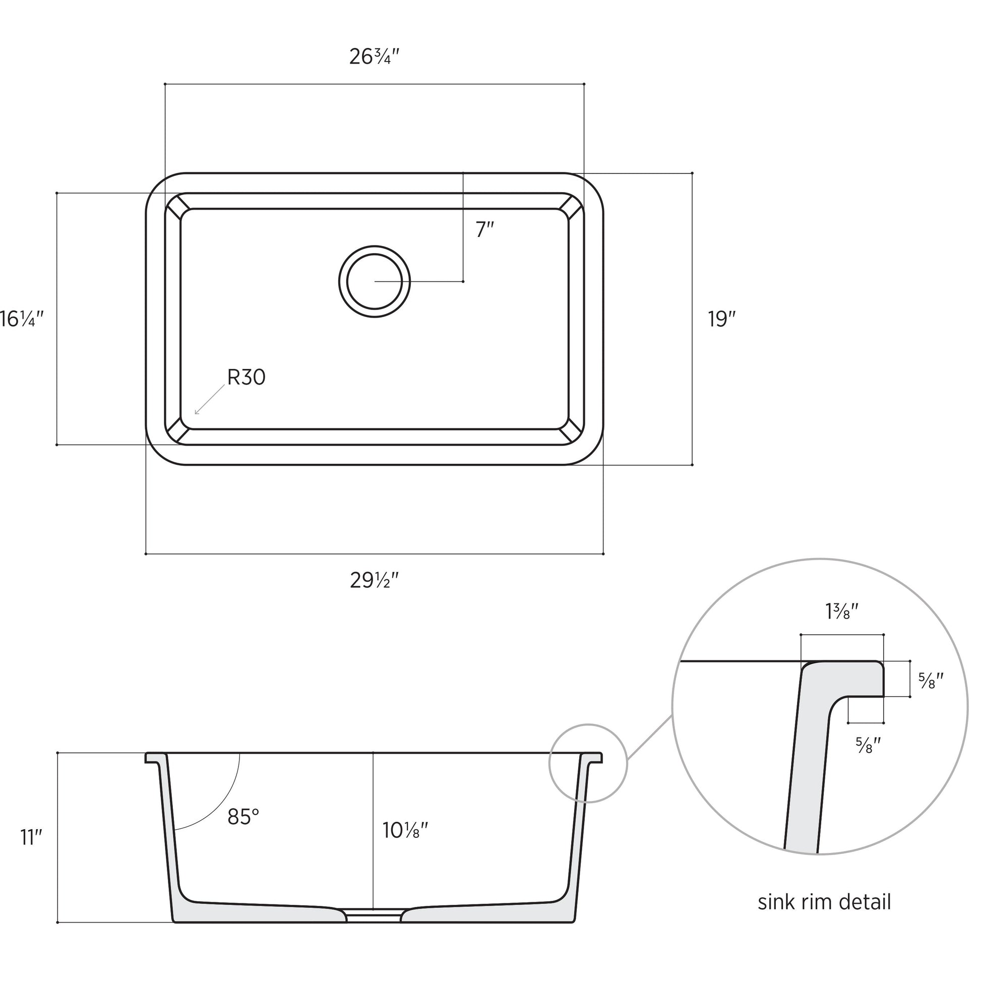 Fortis 30" White Single Bowl Drop-in/Undermount Fireclay Rectangular Kitchen Sink