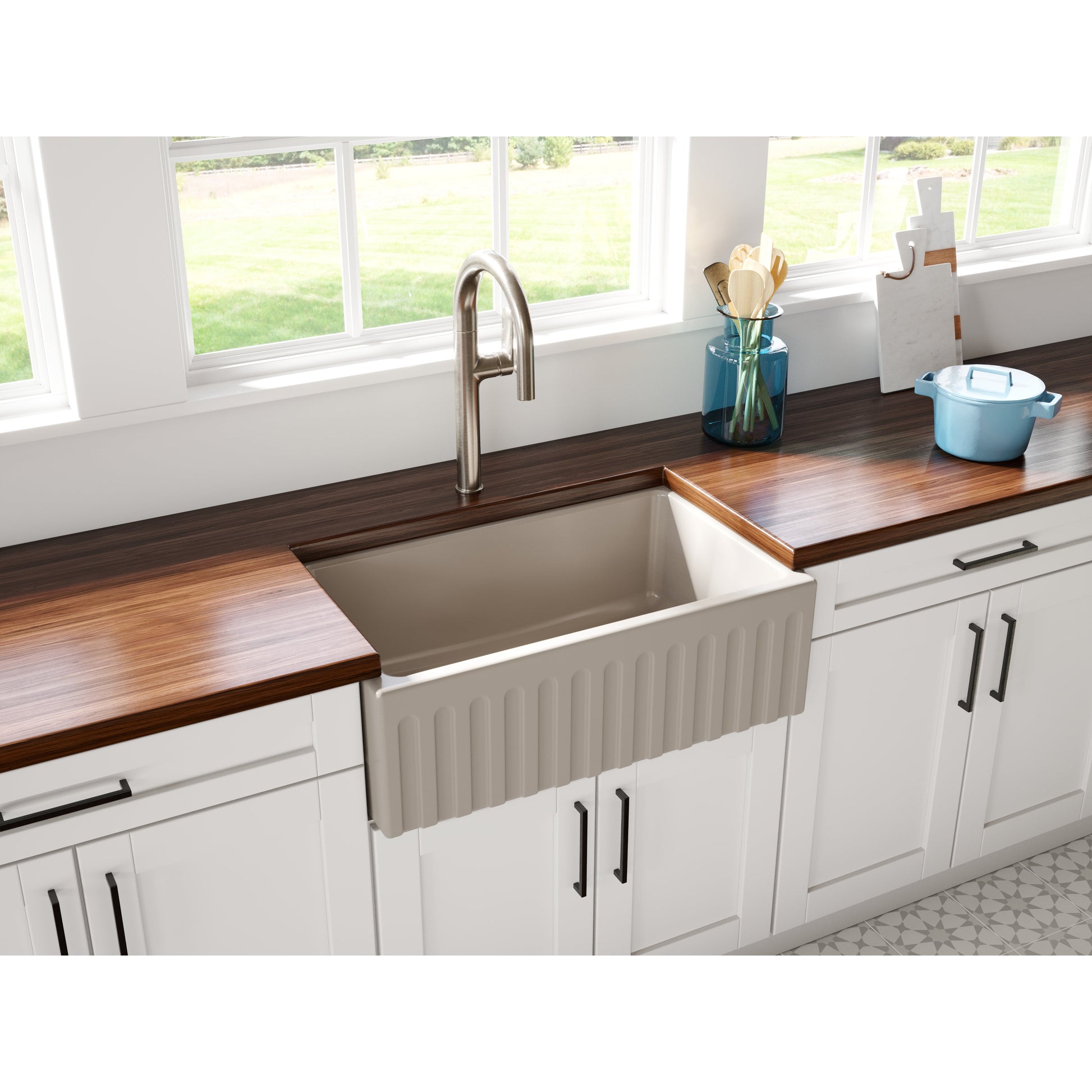 Fortis 30" x 18" Silver Flax Single Bowl Farmhouse Apron-Front Reversible Fireclay Rectangular Kitchen Sink