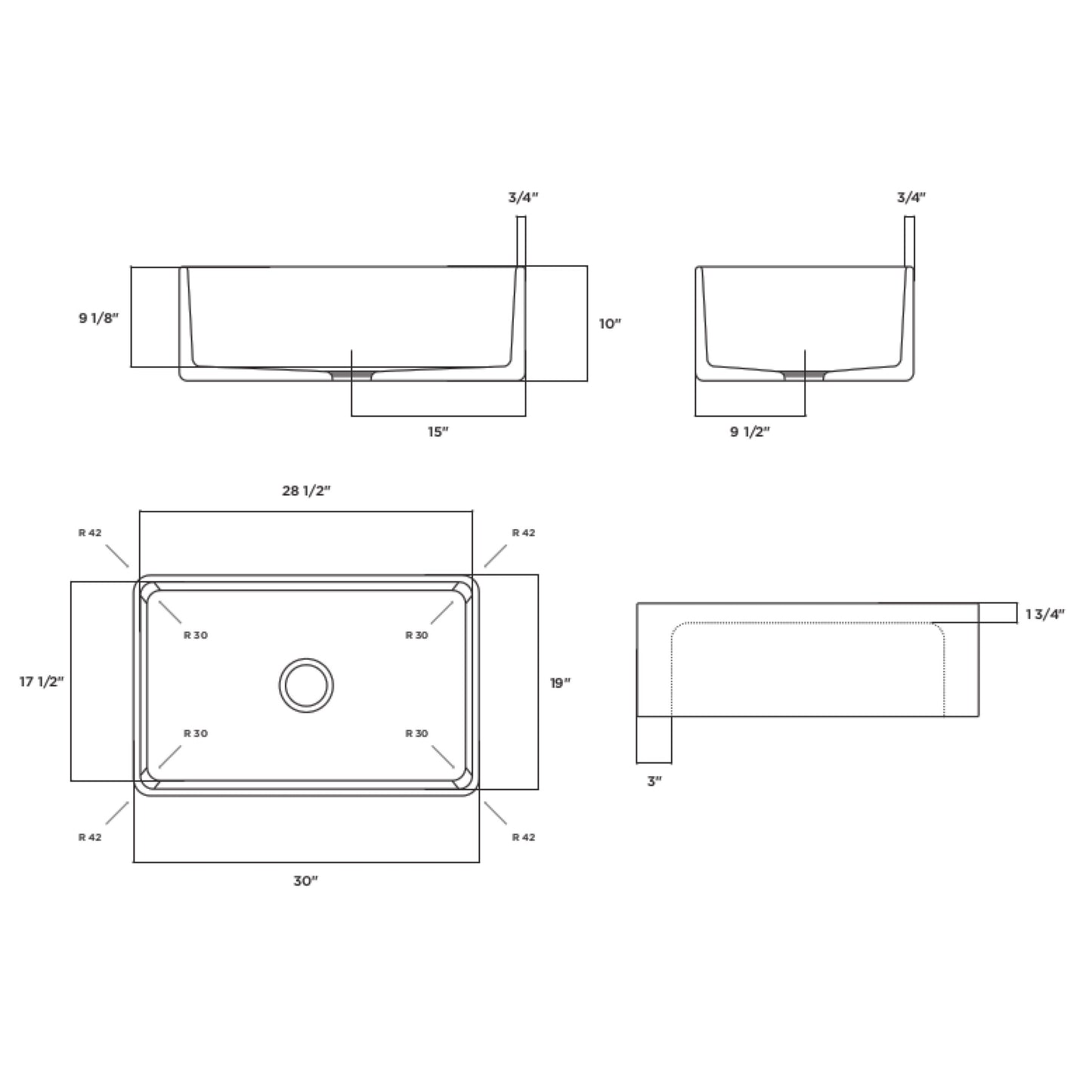 Fortis 30" x 19" White Single Bowl Farmhouse Apron-Front Reversible Fireclay Rectangular Kitchen Sink