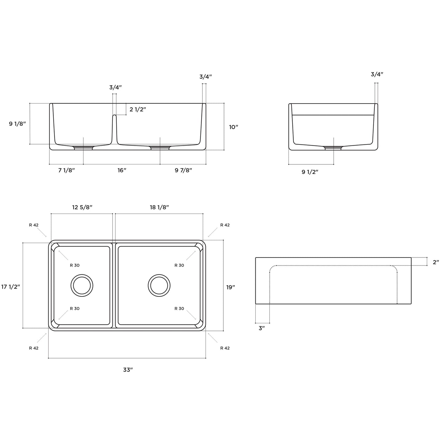 Fortis 33" White Double Bowl Farmhouse Reversible Fireclay Rectangular Kitchen Sink