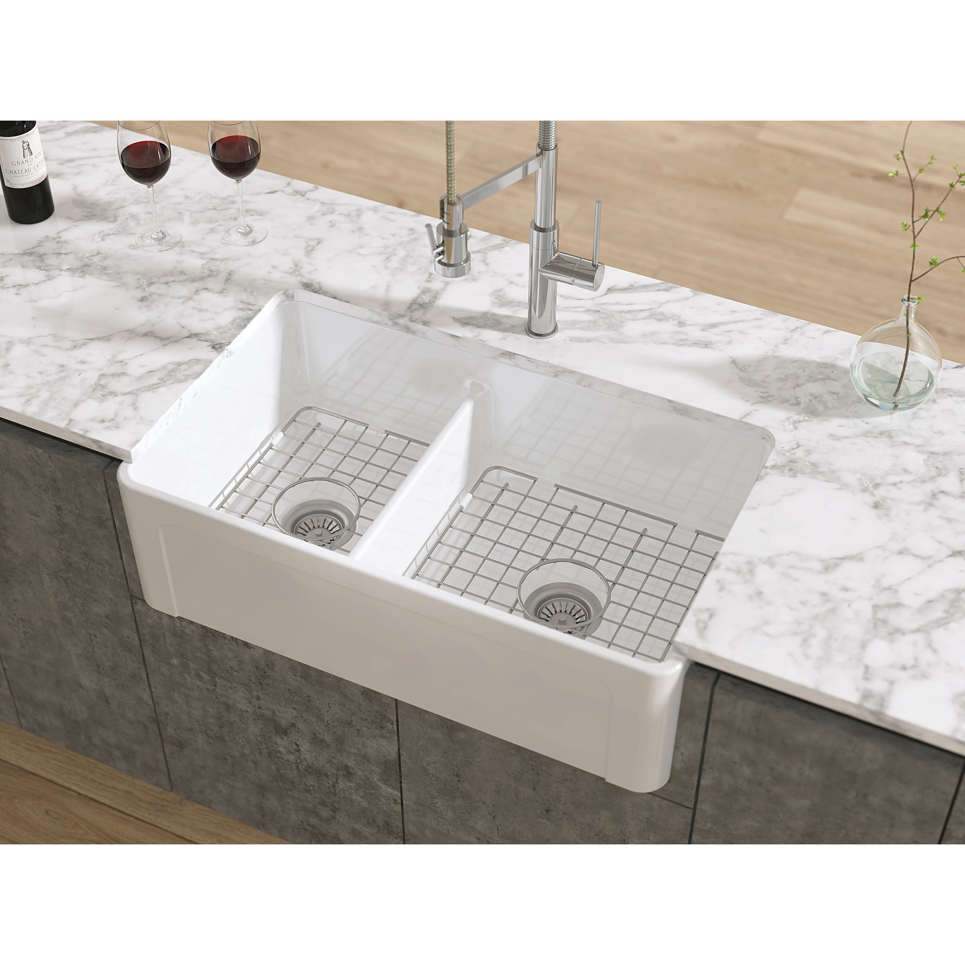 Fortis 33" White Double Bowl Farmhouse Reversible Fireclay Rectangular Kitchen Sink