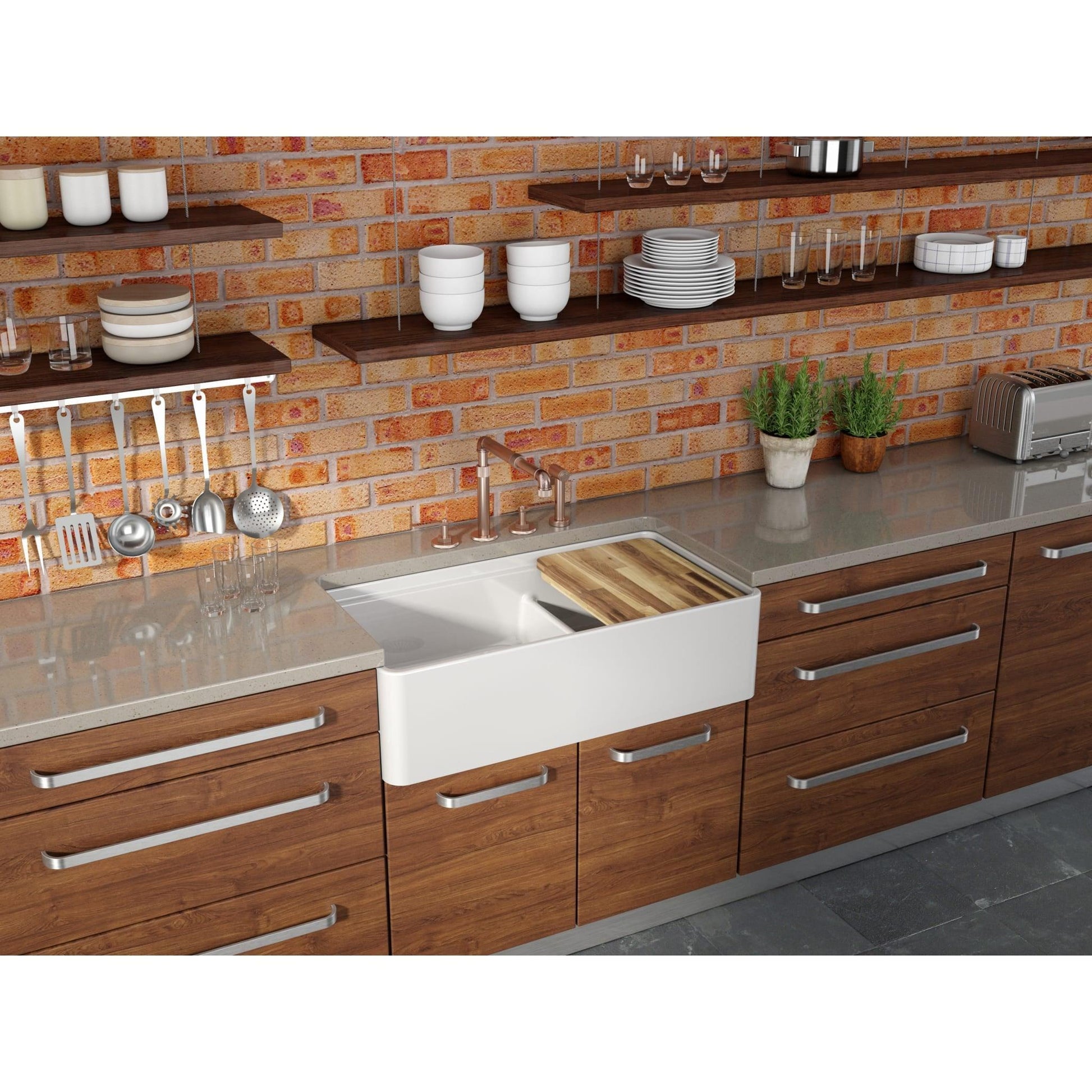 Fortis 36" White Double Bowl Farmhouse Reversible Fireclay Rectangular Kitchen Sink