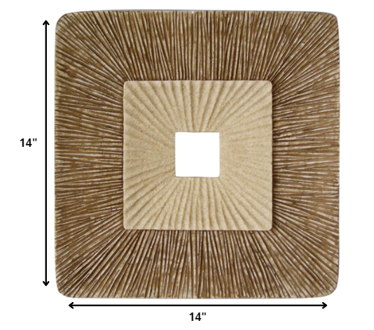 HomeRoots 1 x 14 x 14 Brown Concave Square Double Layer Ribbed Wall Plaque Set of 2