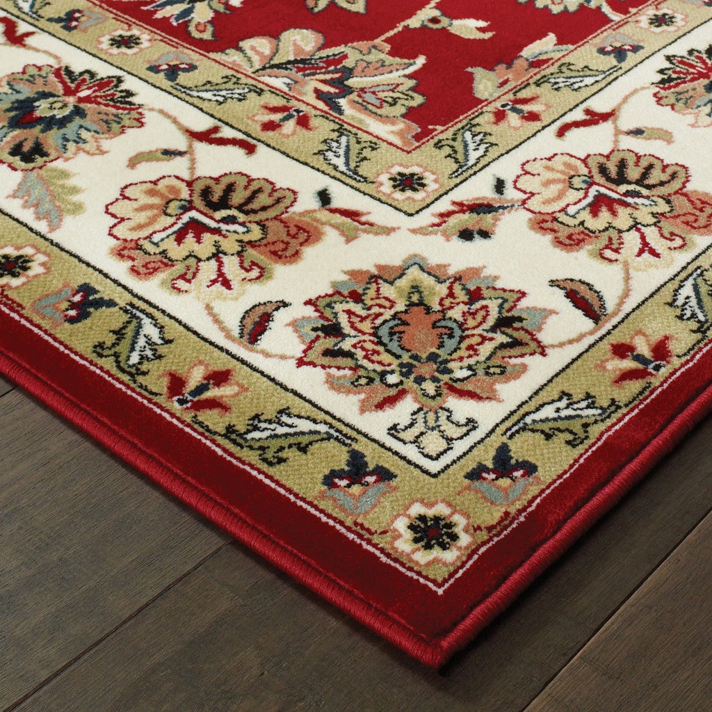 HomeRoots 1' x 3' Red Ivory Machine Woven Floral Oriental Indoor Area Rug