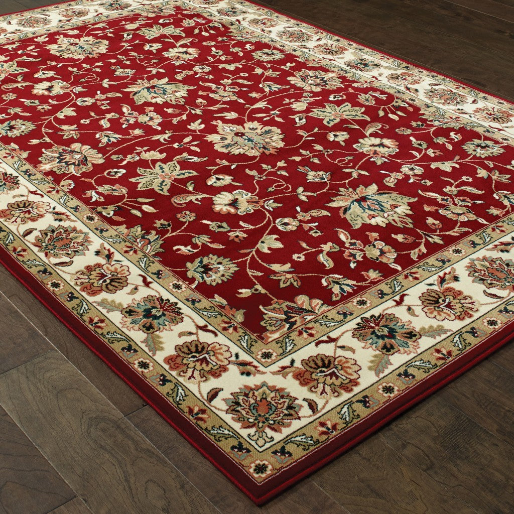 HomeRoots 1' x 3' Red Ivory Machine Woven Floral Oriental Indoor Area Rug