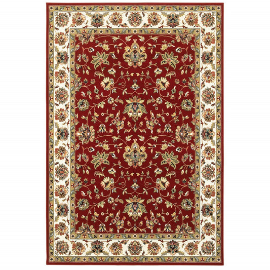 HomeRoots 1' x 3' Red Ivory Machine Woven Floral Oriental Indoor Area Rug
