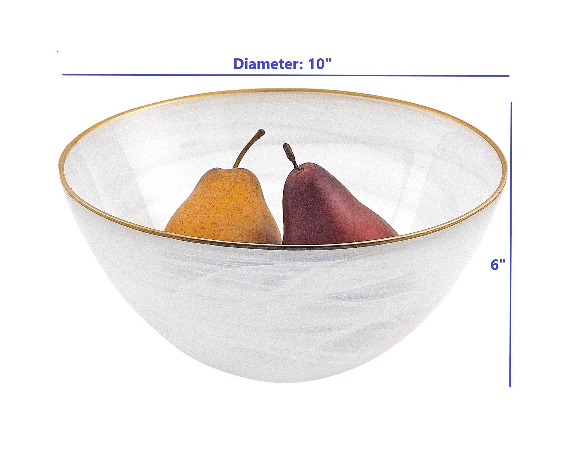 HomeRoots 10-Hand Crafted White Gold Glass Fruit or Salad Bowl With Gold Rim