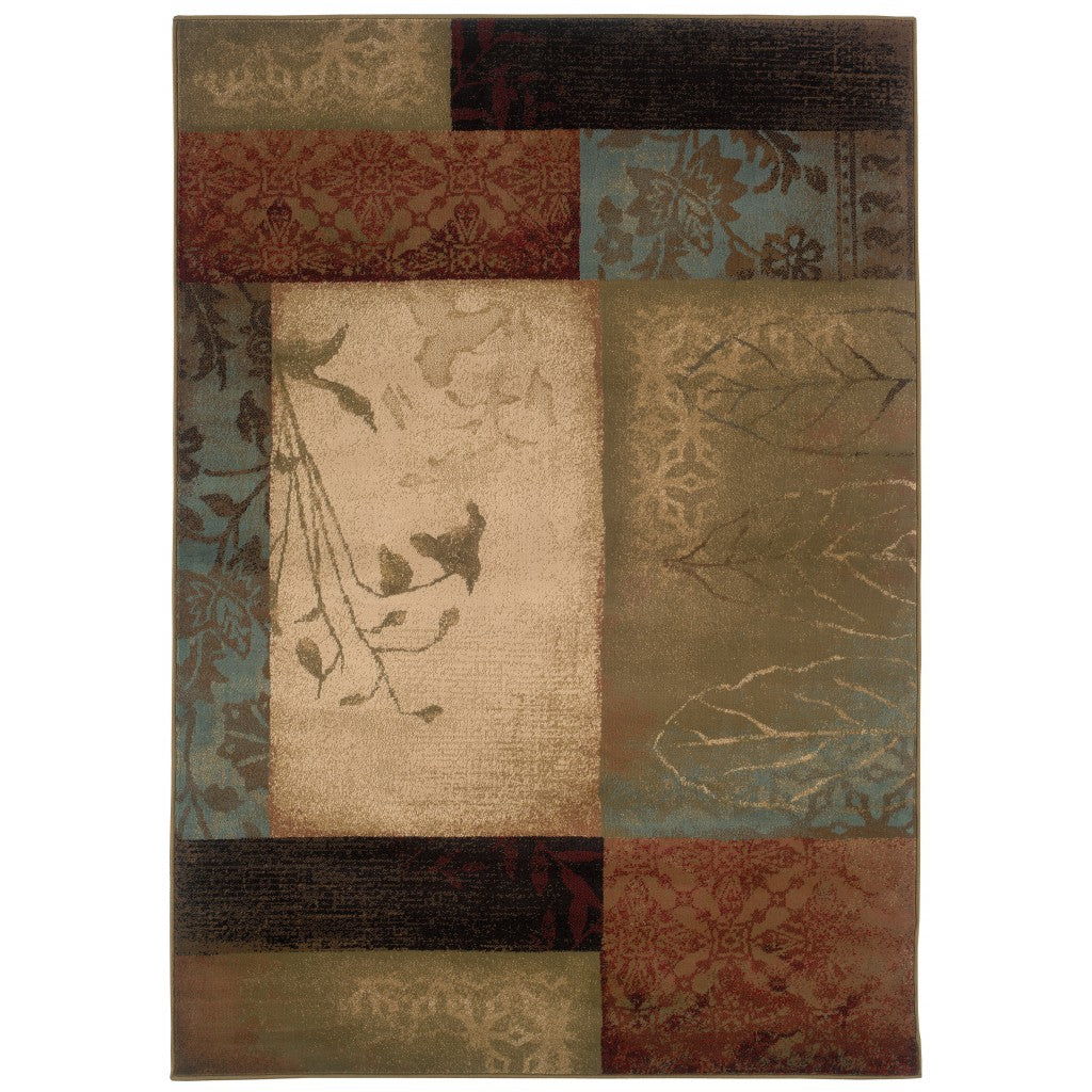 HomeRoots 10' x 13' Beige and Brown Floral Block Pattern Area Rug