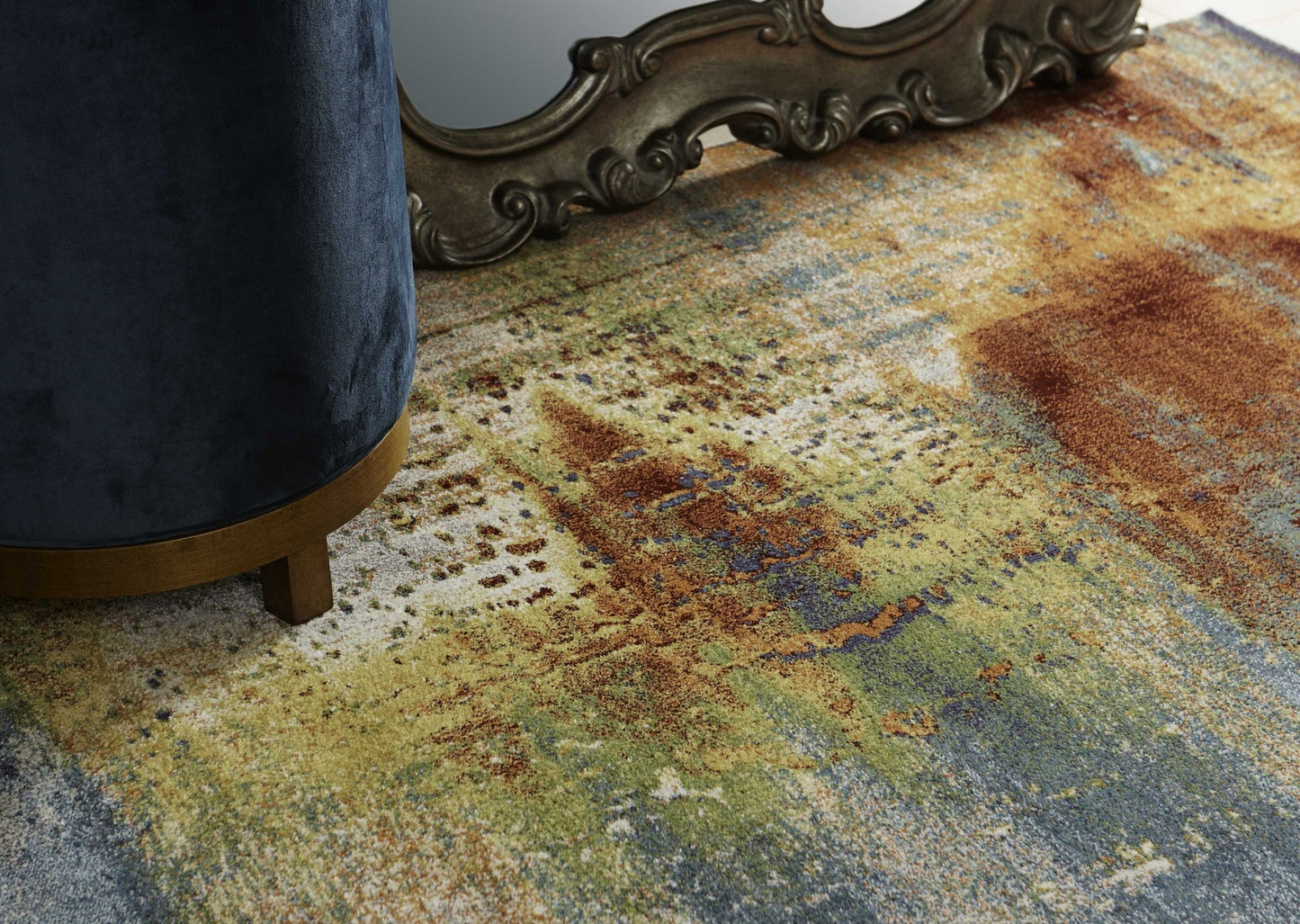 HomeRoots 10' x 13' Blue Rust Orange Machine Woven Abstract Brushstrokes Indoor Area Rug