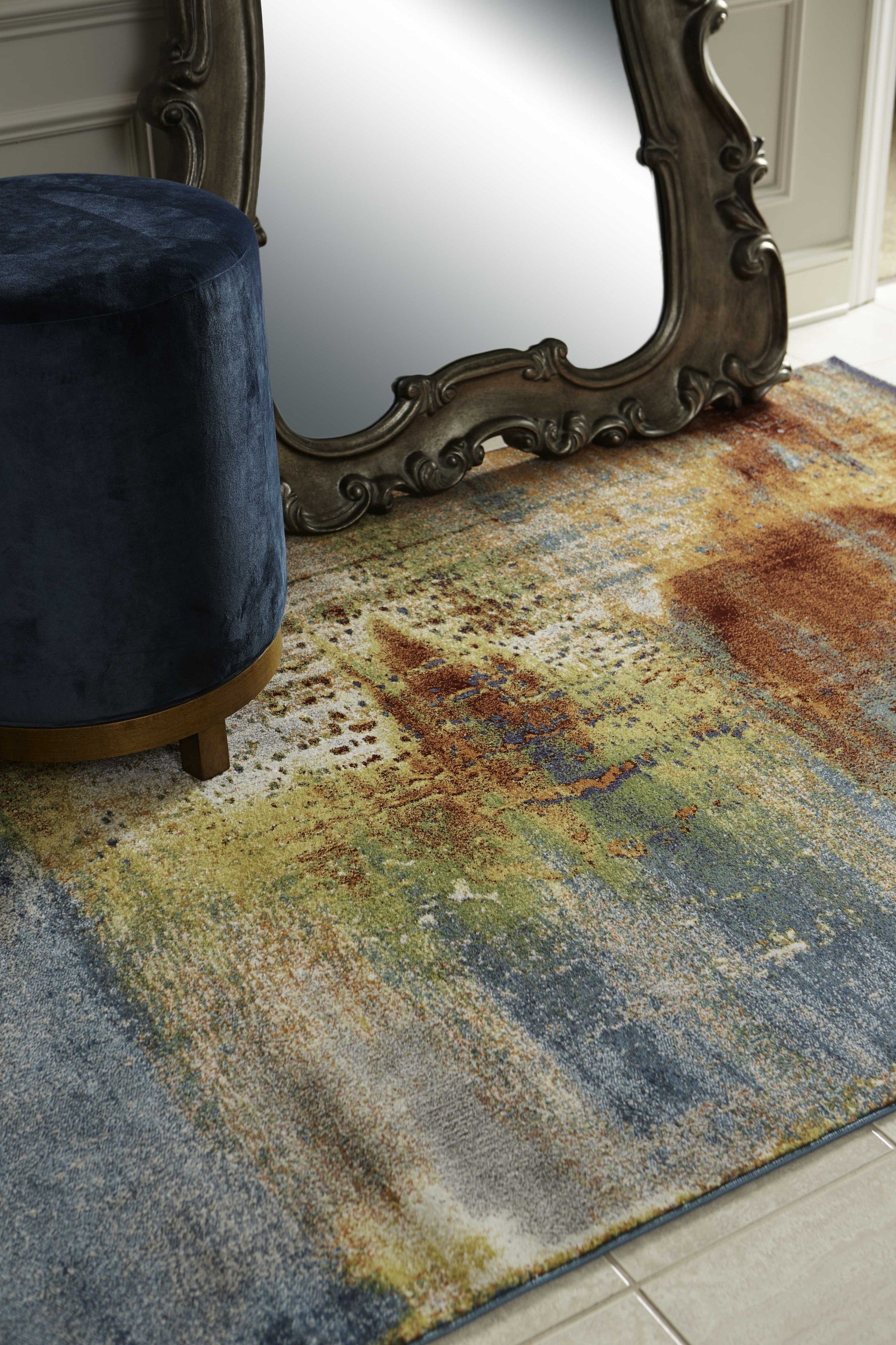 HomeRoots 10' x 13' Blue Rust Orange Machine Woven Abstract Brushstrokes Indoor Area Rug