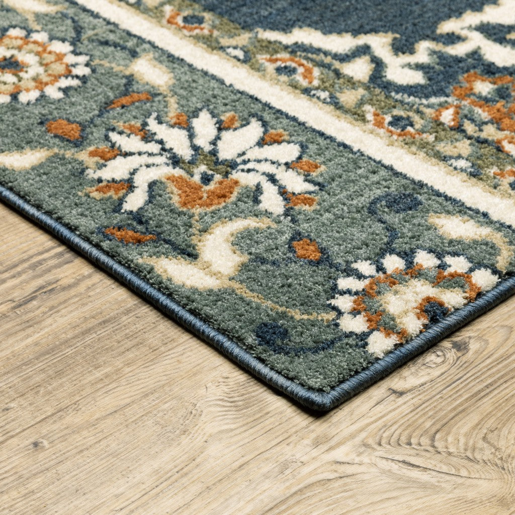 HomeRoots 10' x 13' Blue and Beige Floral Medallion Indoor Area Rug