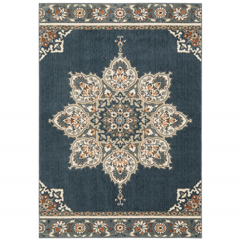 HomeRoots 10' x 13' Blue and Beige Floral Medallion Indoor Area Rug