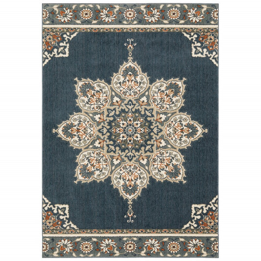 HomeRoots 10' x 13' Blue and Beige Floral Medallion Indoor Area Rug