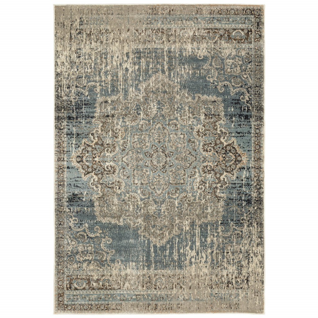 HomeRoots 10’ x 13’ Blue and Ivory Medallion Area Rug