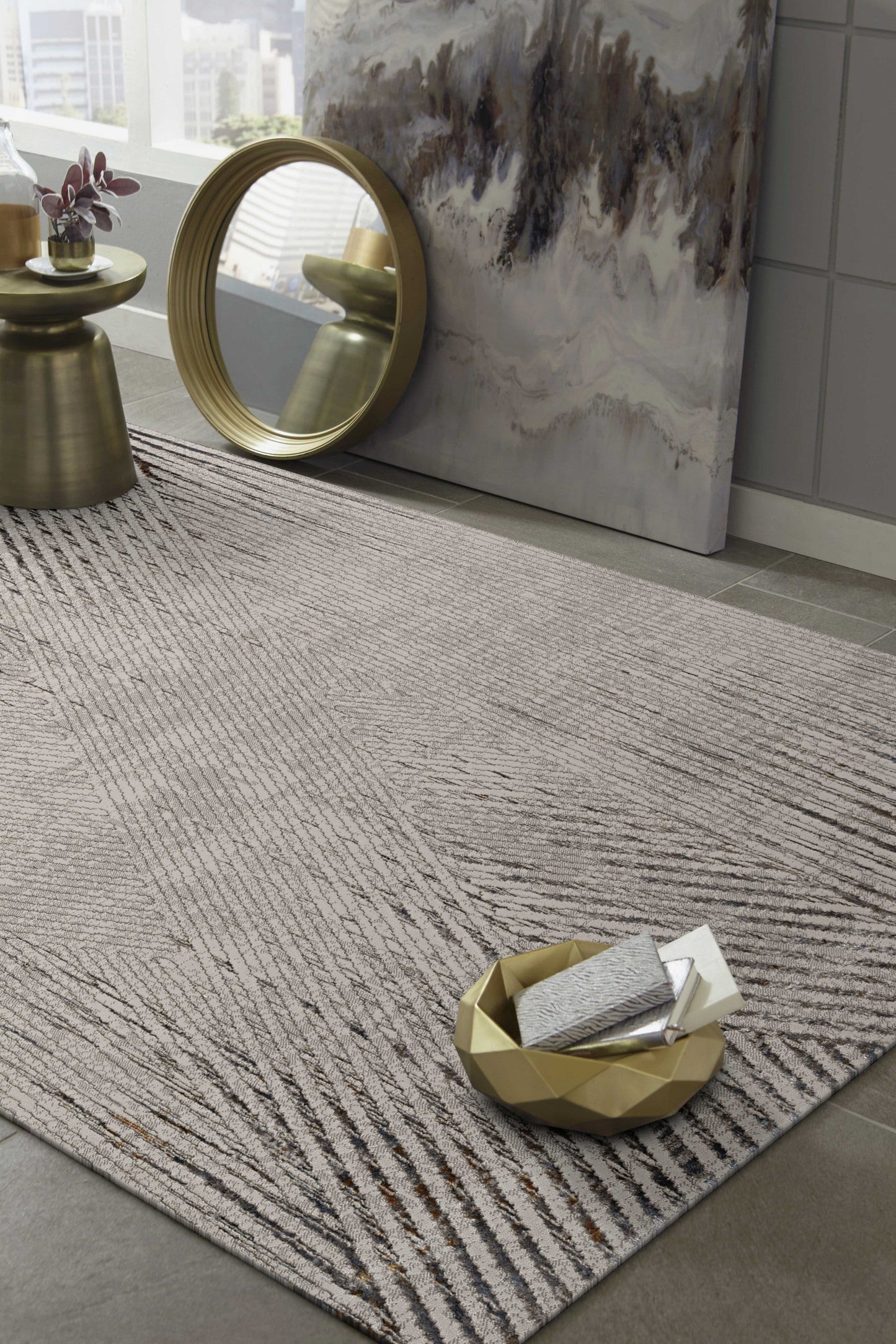 HomeRoots 10' x 13' Ivory Grey Machine Woven Geometric Lines Indoor Area Rug