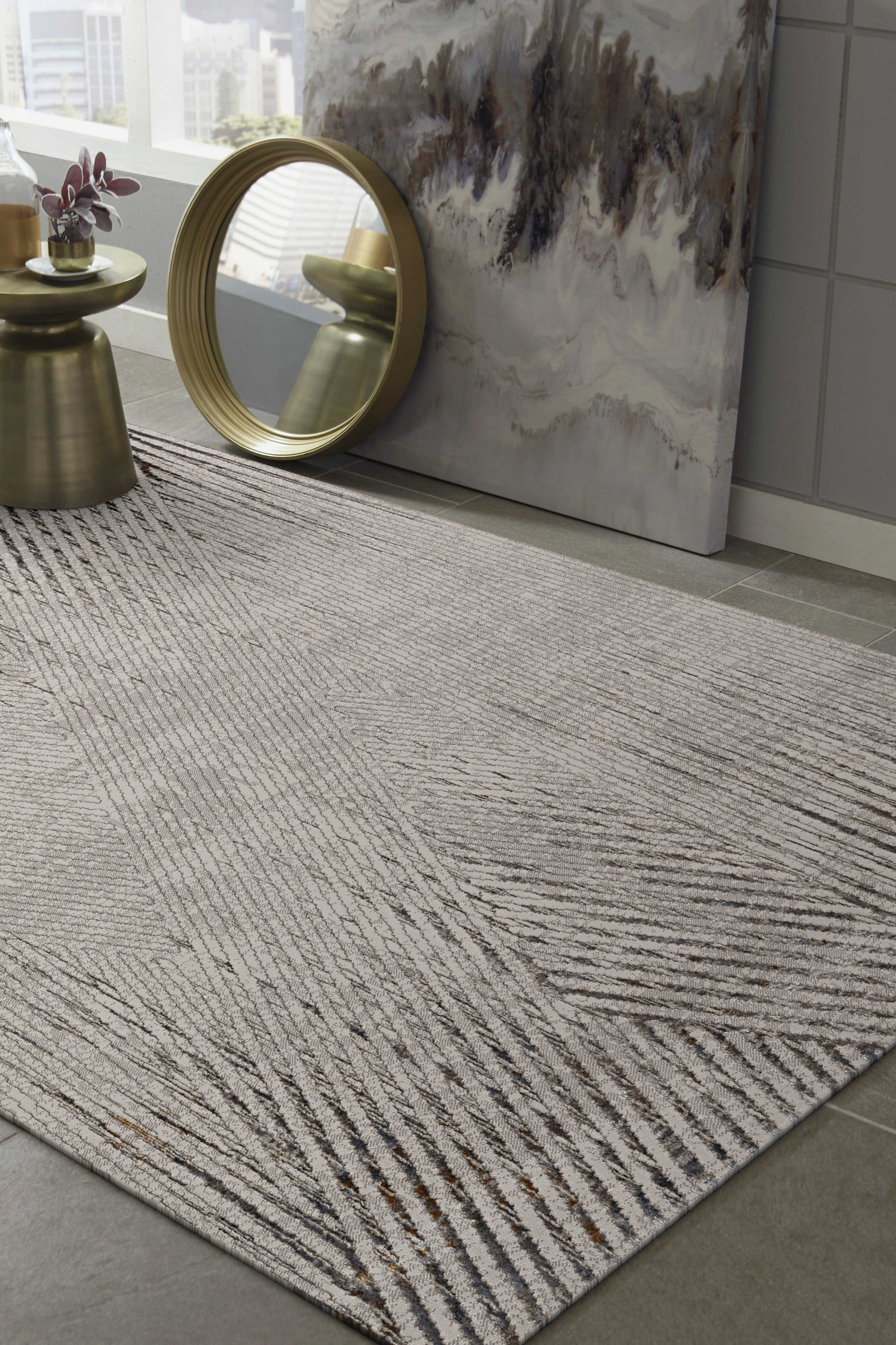 HomeRoots 10' x 13' Ivory Grey Machine Woven Geometric Lines Indoor Area Rug