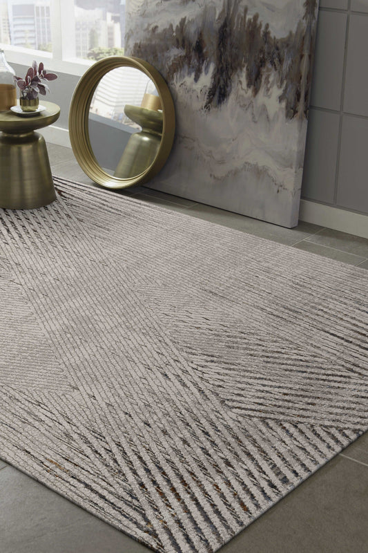 HomeRoots 10' x 13' Ivory Grey Machine Woven Geometric Lines Indoor Area Rug