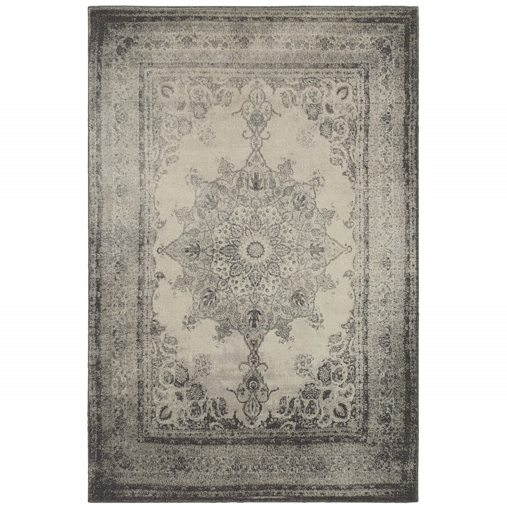 HomeRoots 10’ x 13’ Ivory and Gray Pale Medallion Area Rug