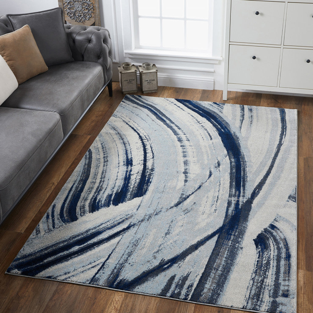 HomeRoots 10' x 13' Navy Ivory Abstract Strokes Modern Area Rug