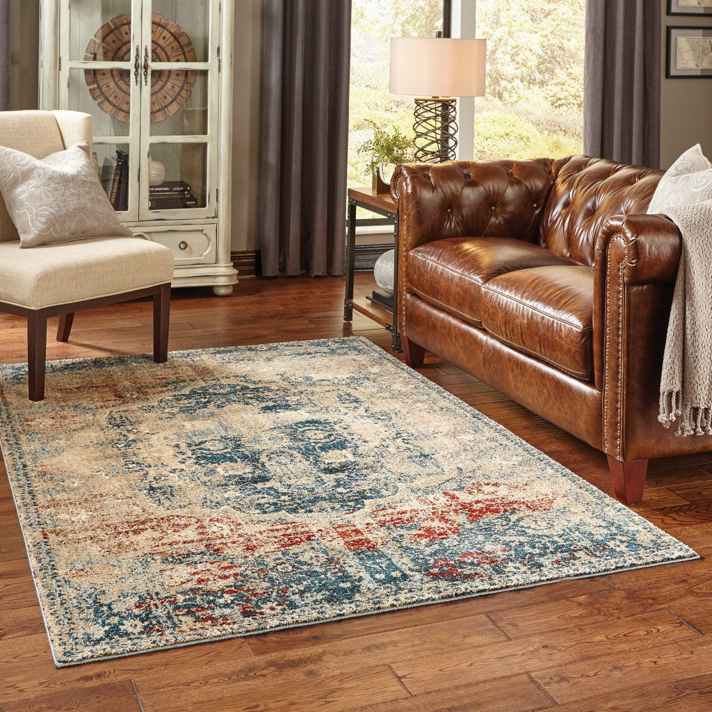 HomeRoots 10' x 13' Sand and Blue Distressed Indoor Area Rug